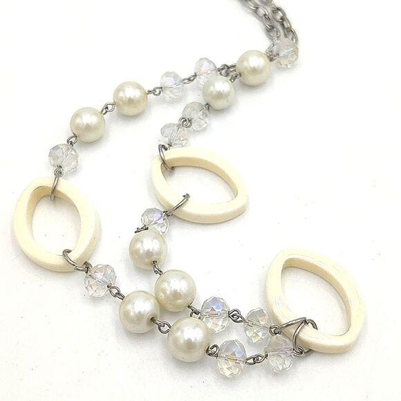Funky Faux Pearl & Crystal Necklace - White & Silver - Picture 2 of 7